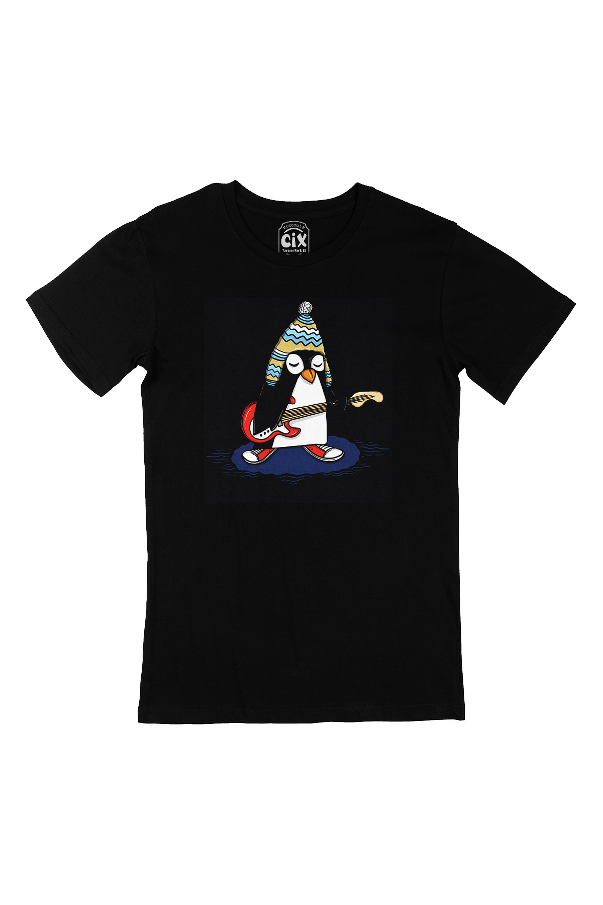 Şapkalı Gitarcı Rocker Penguen Siyah Tişört