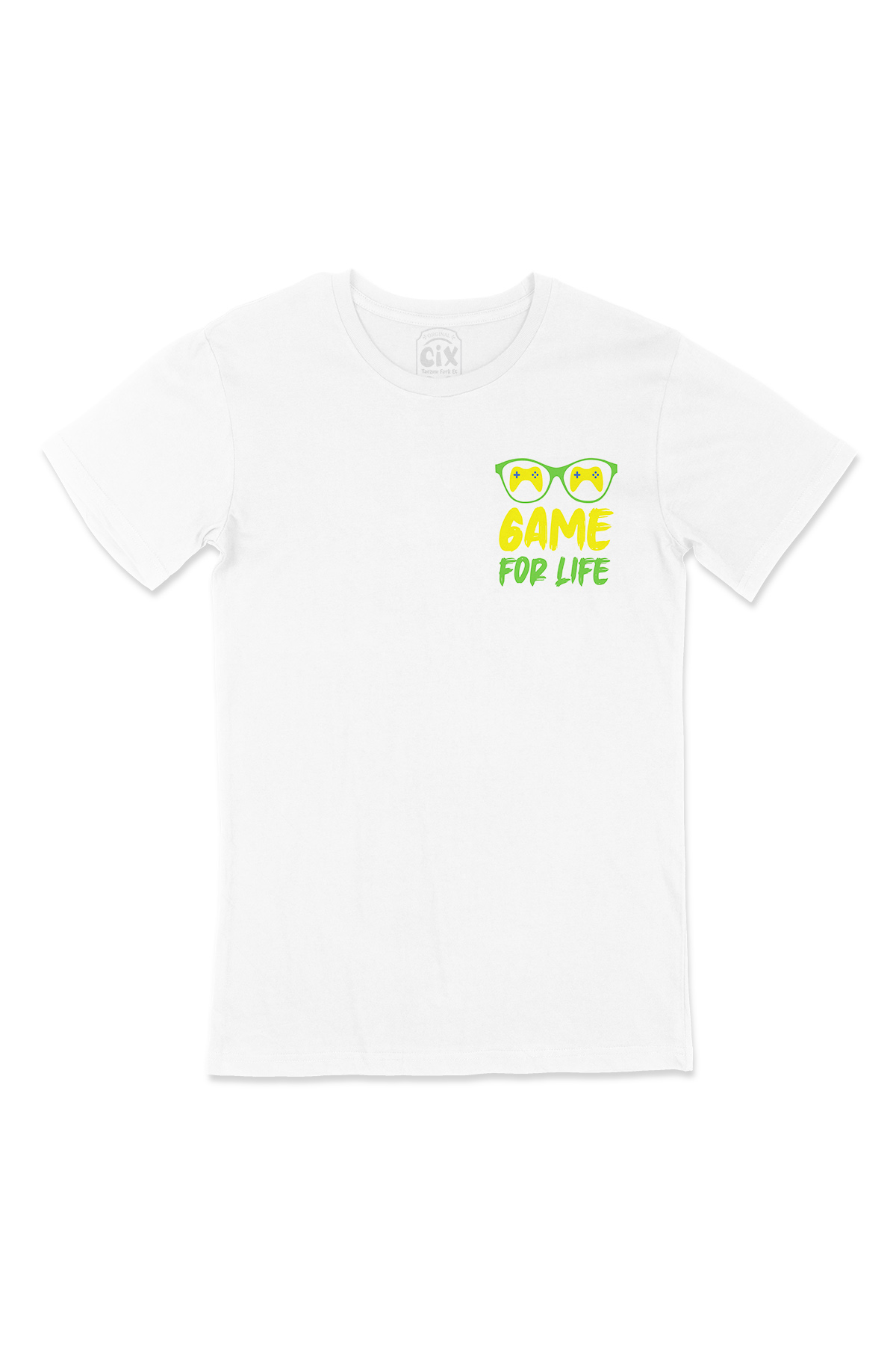 Sarı Game For Life Cep Logo Tasarımlı Beyaz Tişört