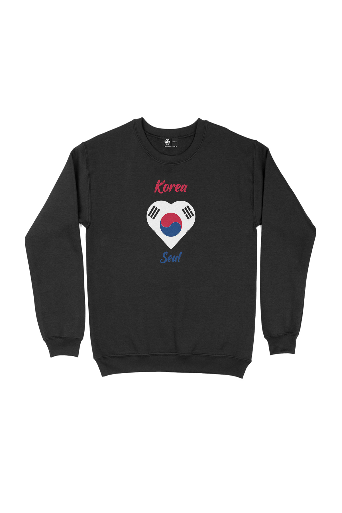 Seul Kore Bayraklı Kalpli Siyah Sweatshirt