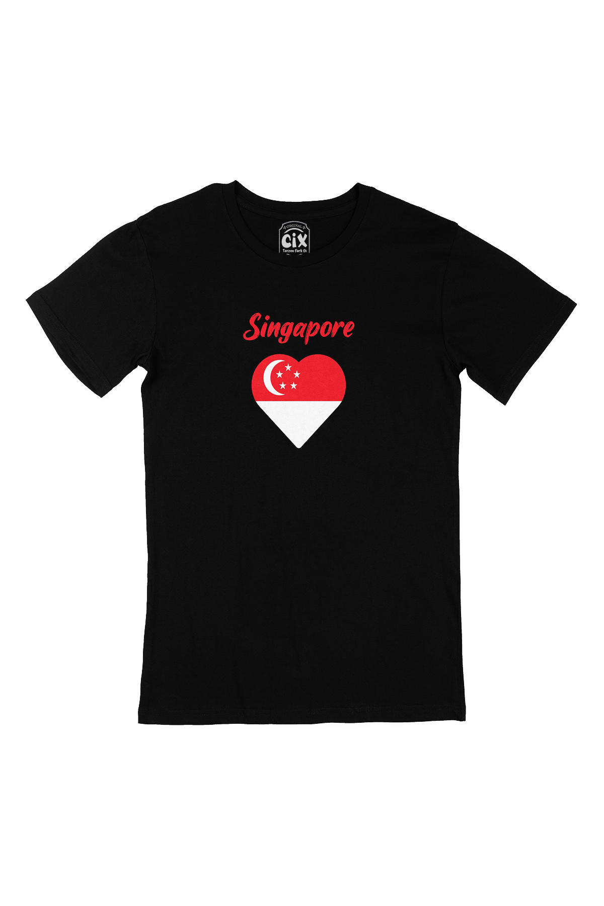 Singapur Bayraklı Kalpli Siyah Tişört