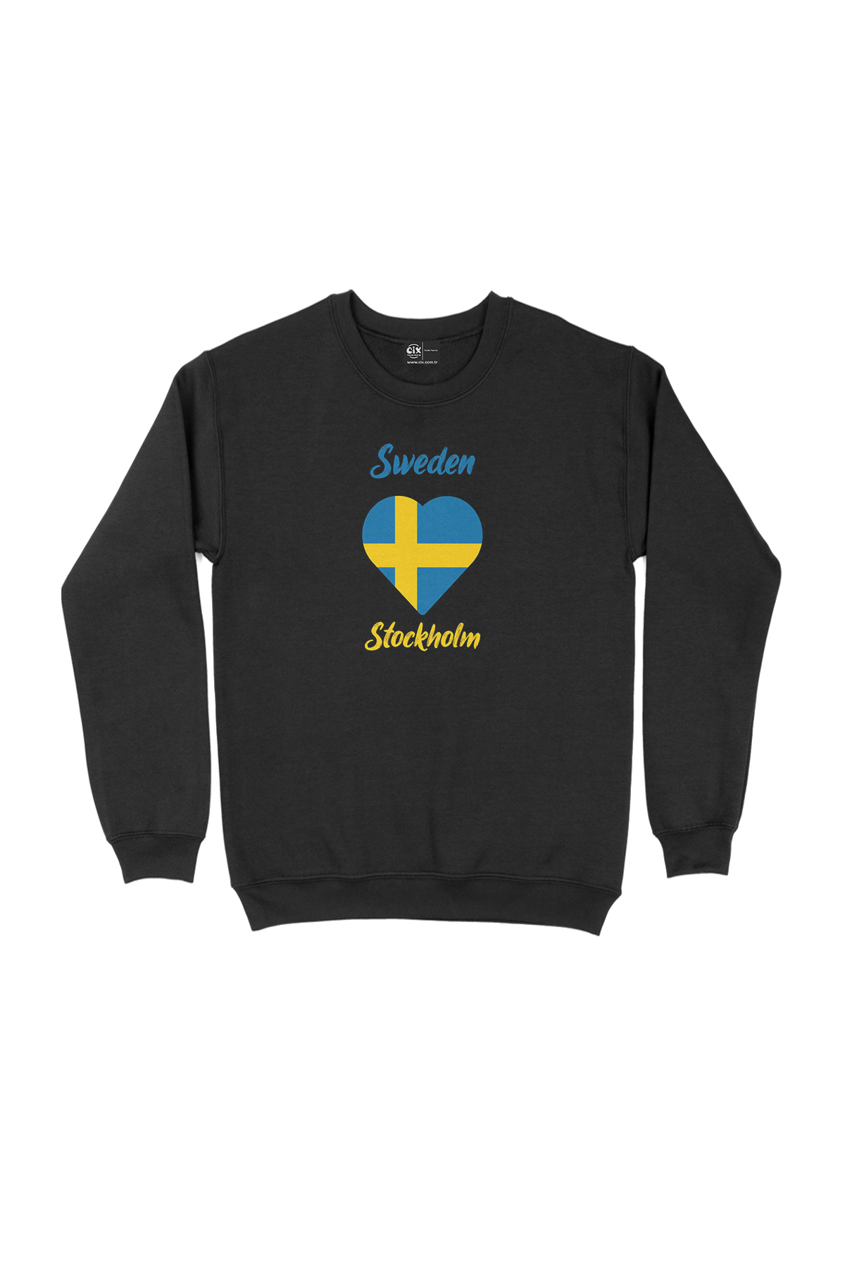 Stockholm İsveç Bayraklı Kalpli Siyah Sweatshirt