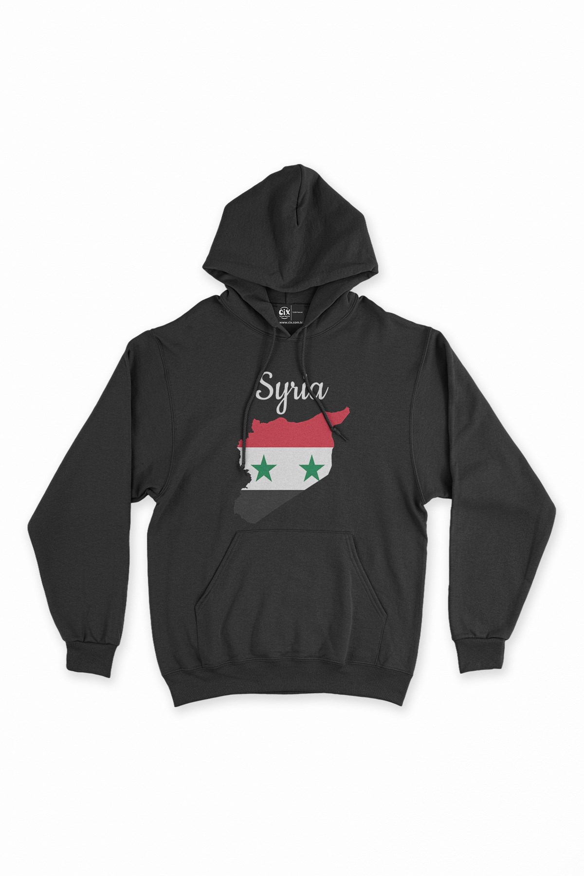 Suriye Haritalı ve Bayraklı Siyah Kapşonlu Sweatshirt Hoodie