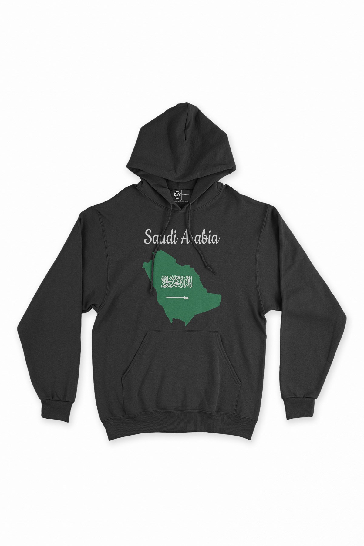 Suudi Arabistan Haritalı ve Bayraklı Siyah Kapşonlu Sweatshirt Hoodie