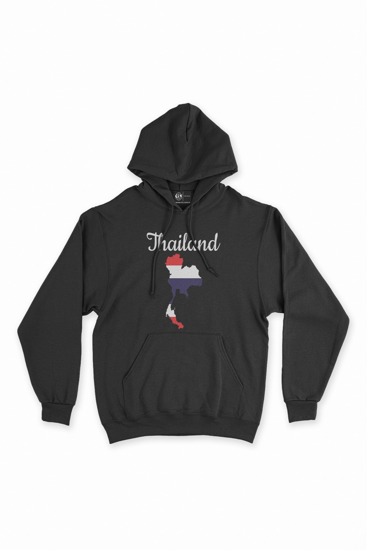 Tayland Haritalı ve Bayraklı Siyah Kapşonlu Sweatshirt Hoodie