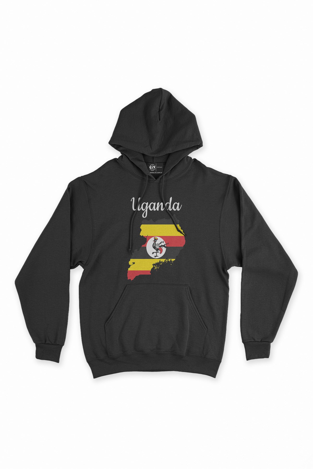 Uganda Haritalı ve Bayraklı Siyah Kapşonlu Sweatshirt Hoodie