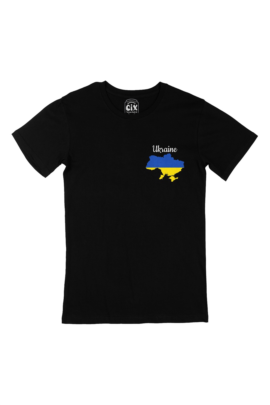 Ukrayna Haritalı ve Bayraklı Cep Logo Tasarımlı Siyah Tişört