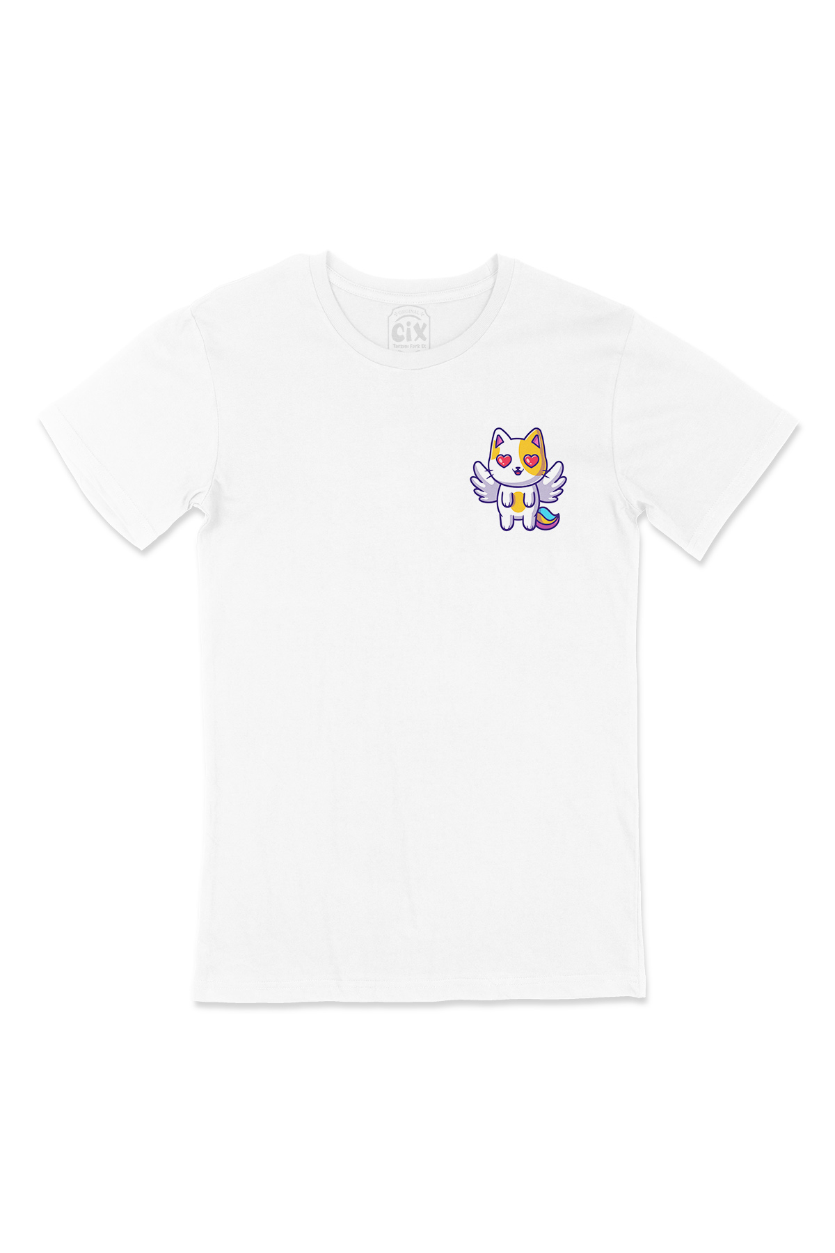 Unicorn Kedi Cep Logo Tasarımlı Beyaz Tişört
