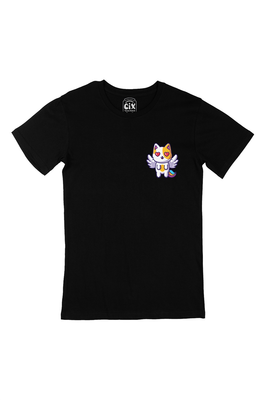 Unicorn Kedi Cep Logo Tasarımlı Siyah Tişört