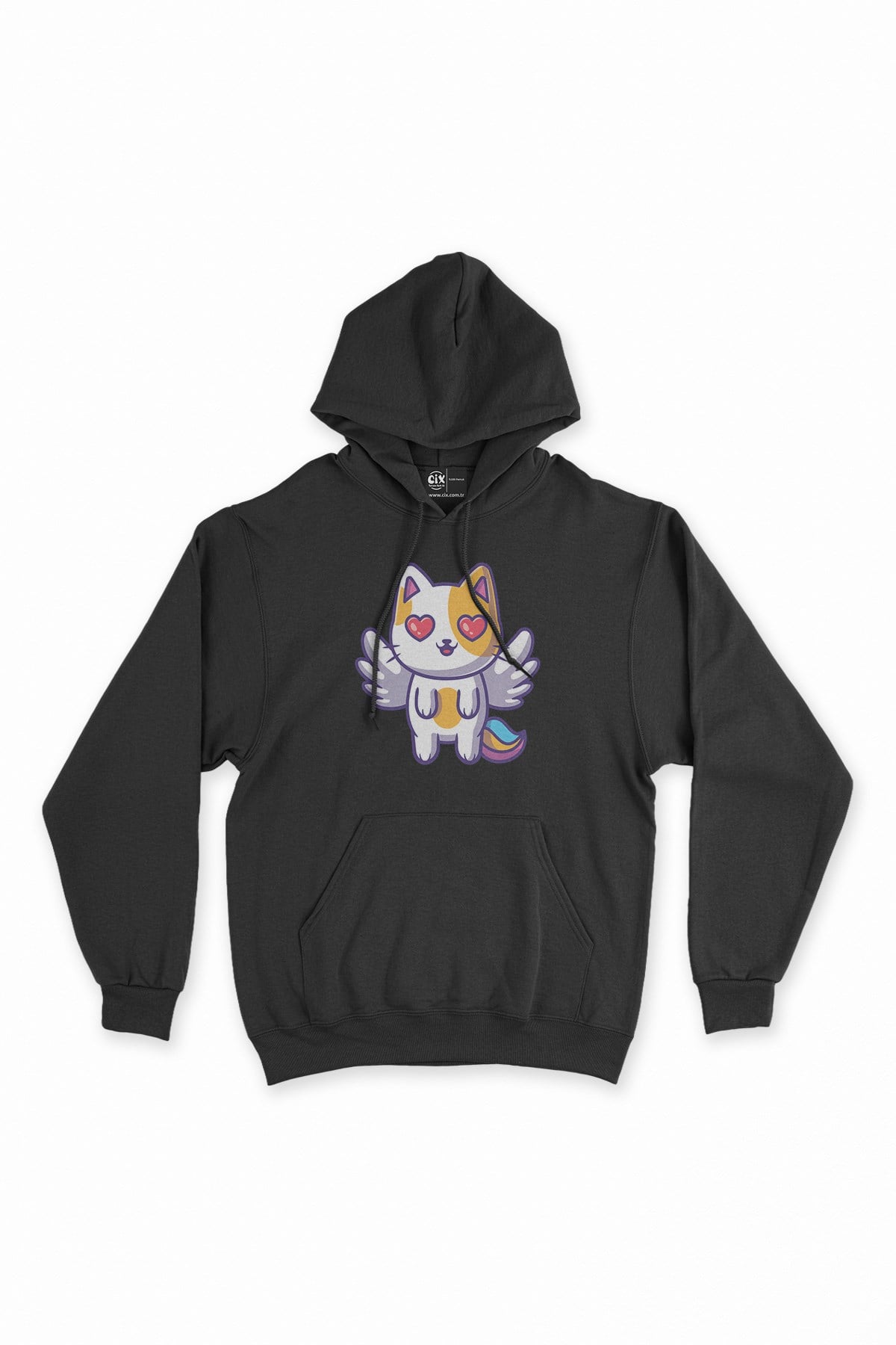 Unicorn Kedi Siyah Kapşonlu Sweatshirt Hoodie