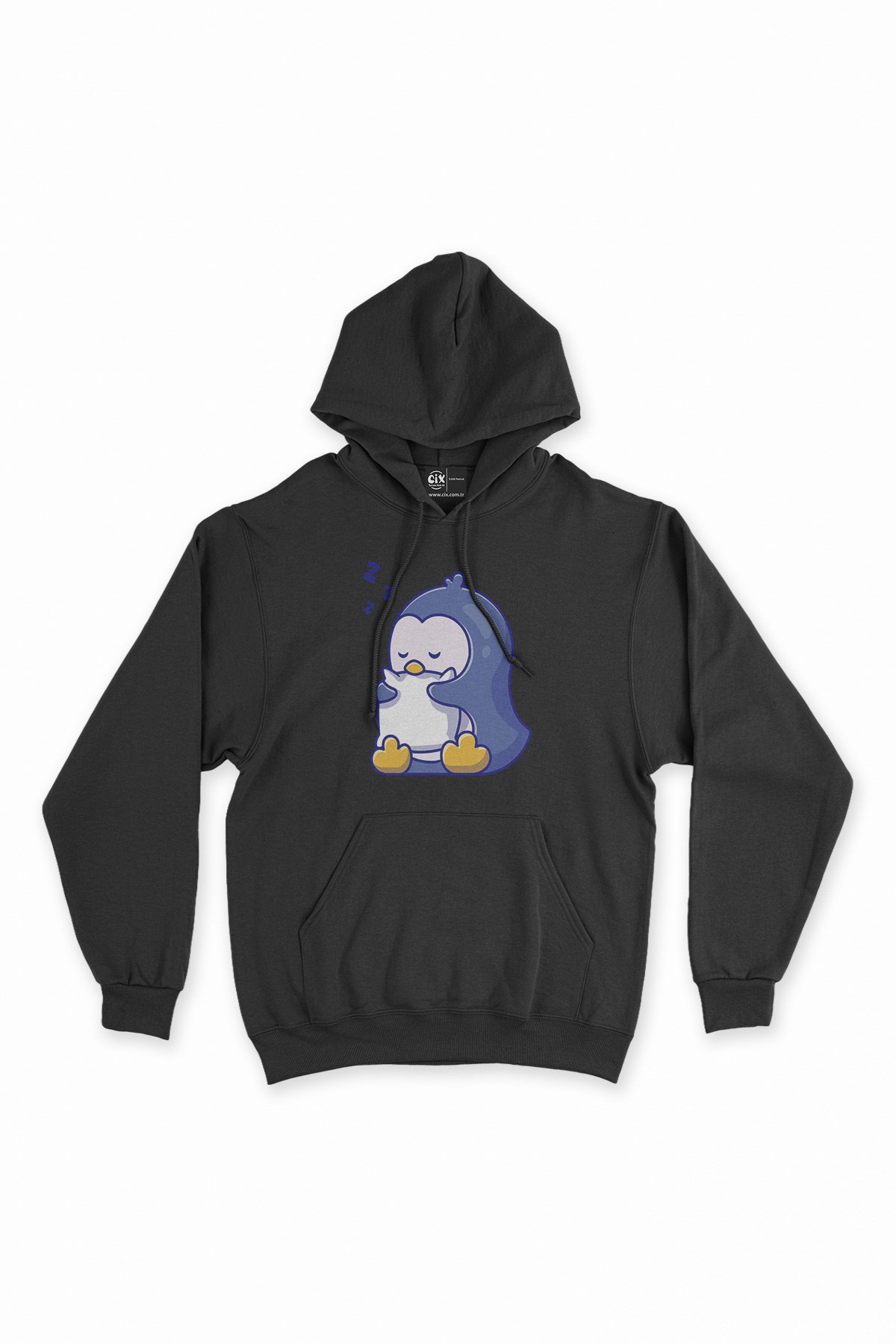 Uykucu Penguen Siyah Kapşonlu Sweatshirt Hoodie
