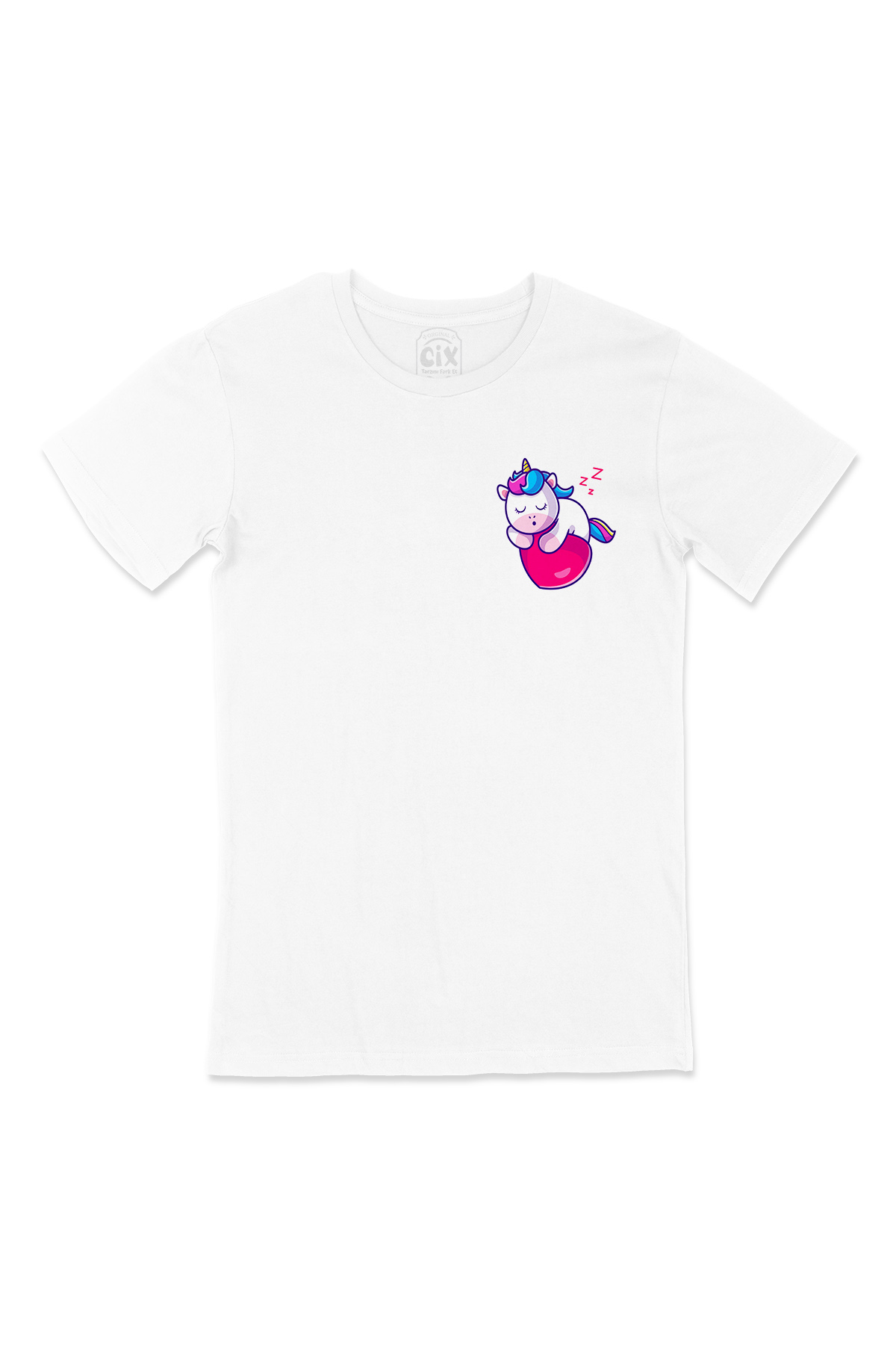 Uykucu Unicorn Cep Logo Tasarımlı Beyaz Tişört