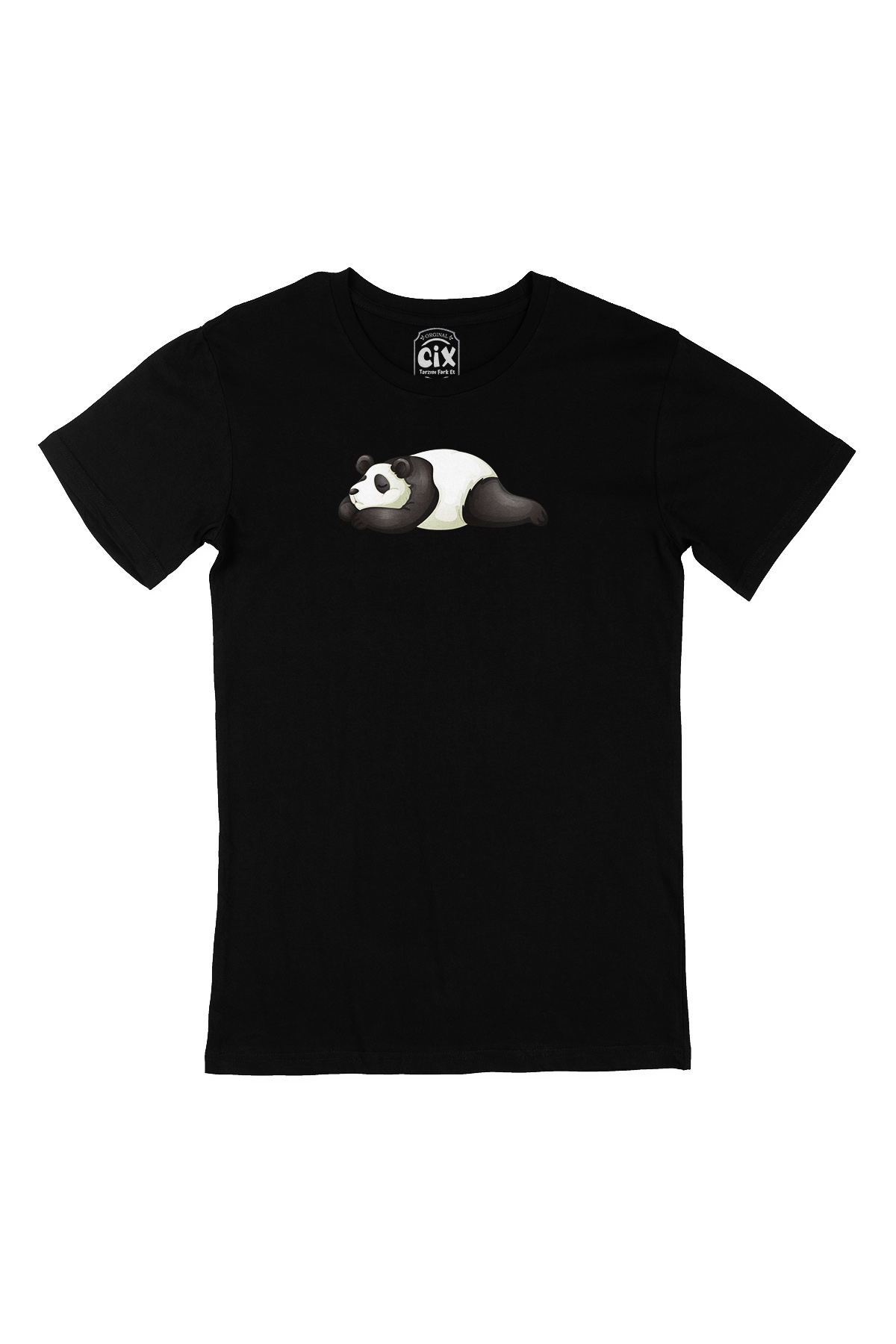 Uyuyan Panda Baskılı Siyah Tişört