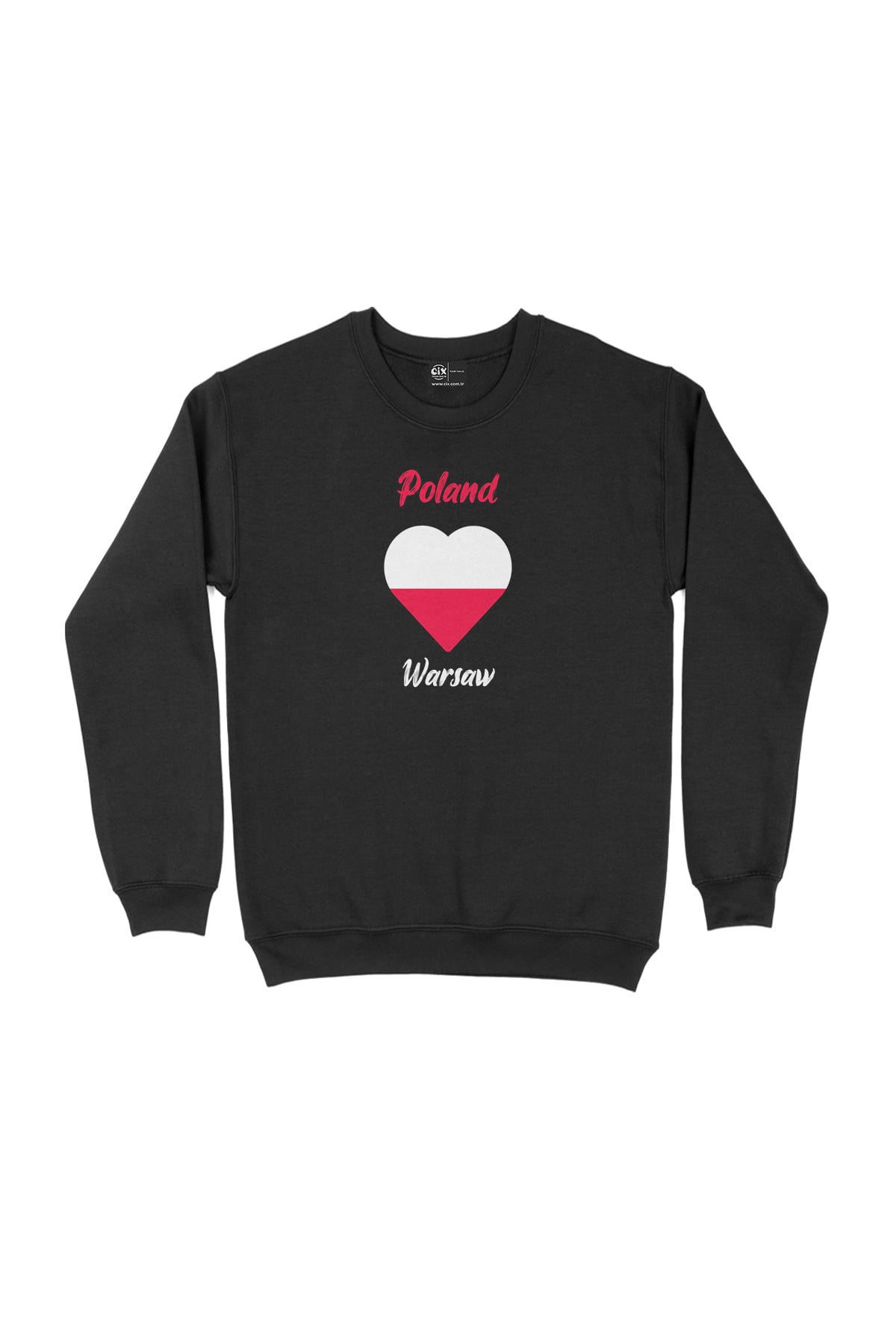 Varşova Polonya Bayraklı Kalpli Siyah Sweatshirt