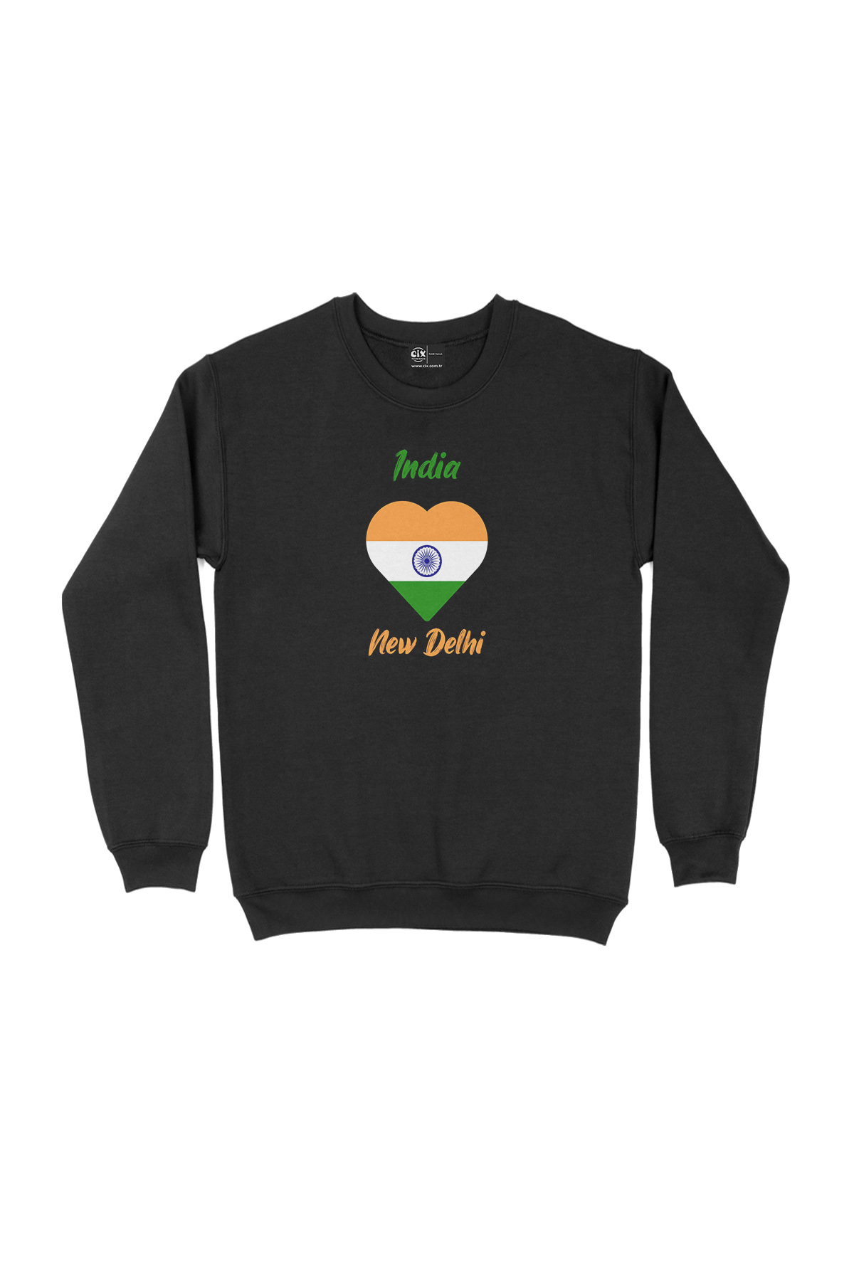 Yeni Delhi Hindistan Bayraklı Kalpli Siyah Sweatshirt