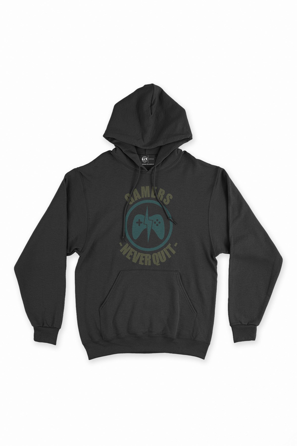Yeşil Gamers Never Quit Siyah Kapşonlu Sweatshirt Hoodie