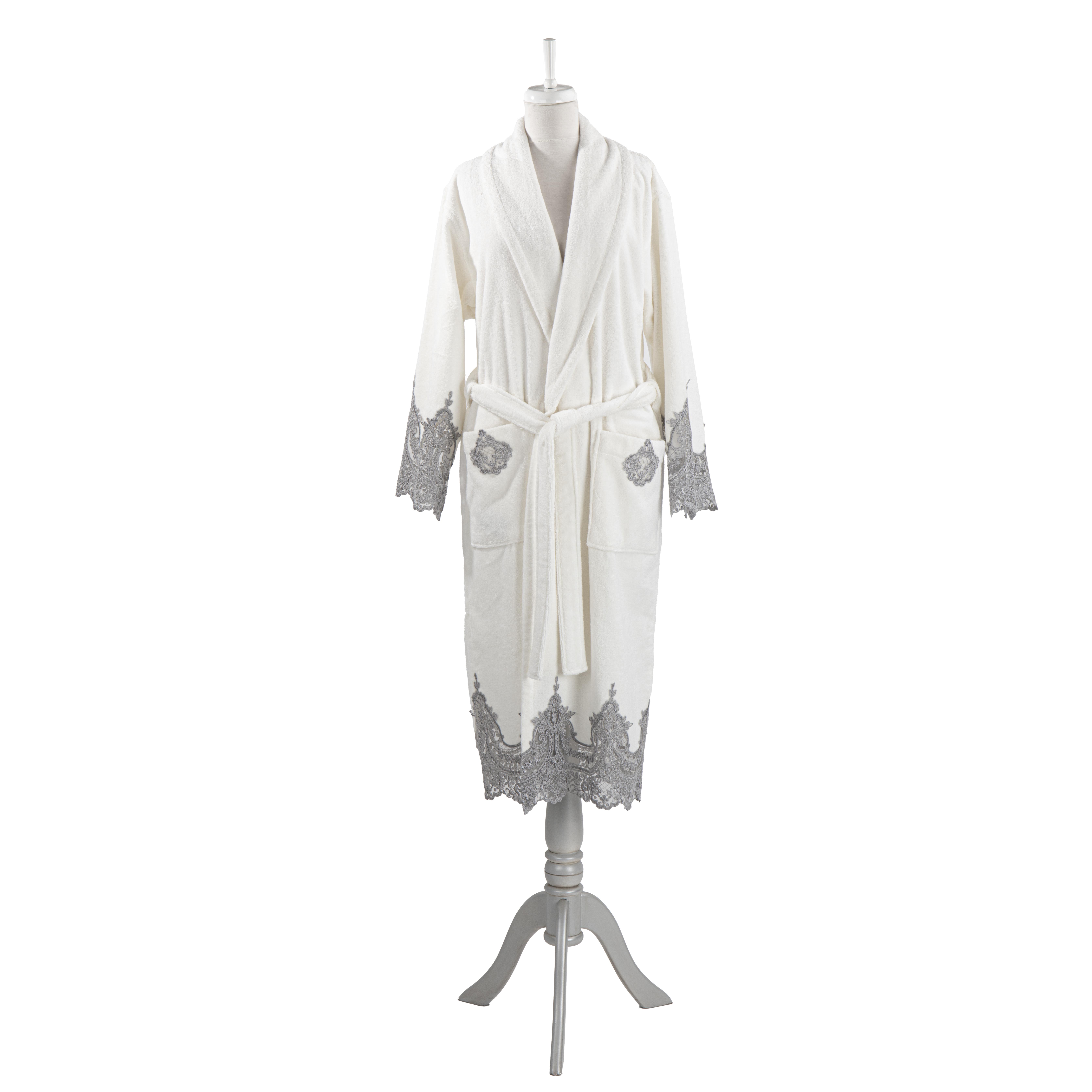 Gri Fransız Dantelli Bornoz