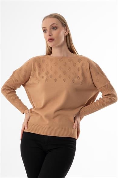 KAYIK YAKA AJURLU KARAMEL BAYAN KAZAK 