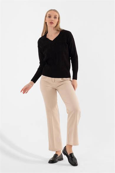 V YAKA SAÇ ÖRGÜ SİYAH BAYAN KAZAK