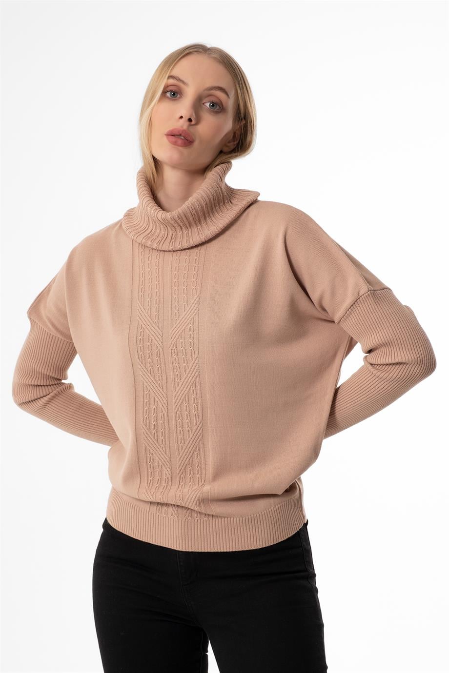 DEGAJE YAKA OVERSİZE BEJ BAYAN KAZAK