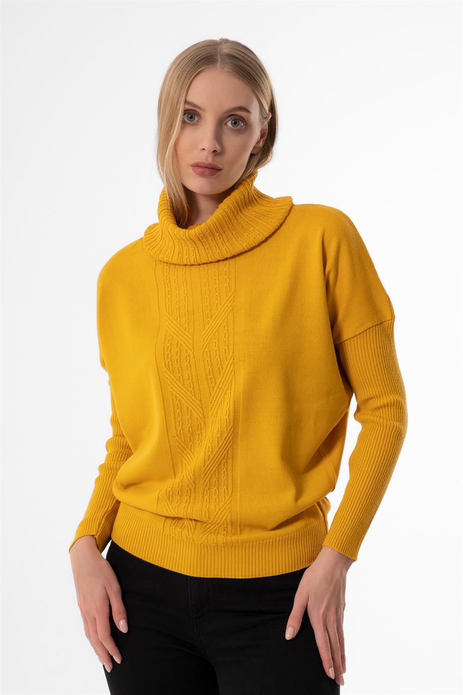 DEGAJE YAKA OVERSİZE HARDAL BAYAN KAZAK