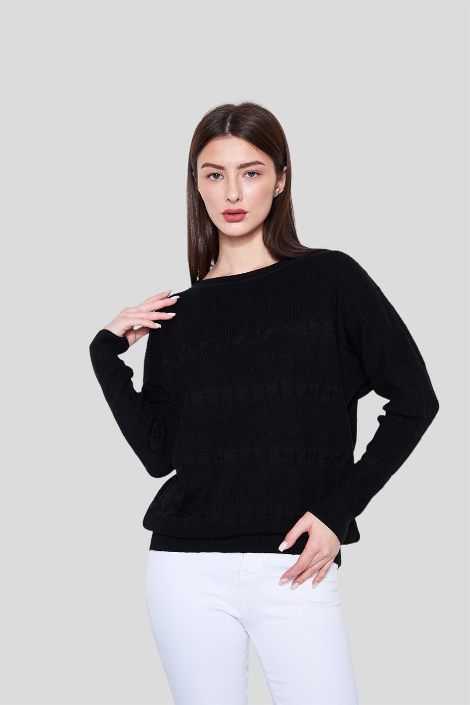 KAYIK YAKA SİYAH OVERSİZE BAYAN KAZAK 