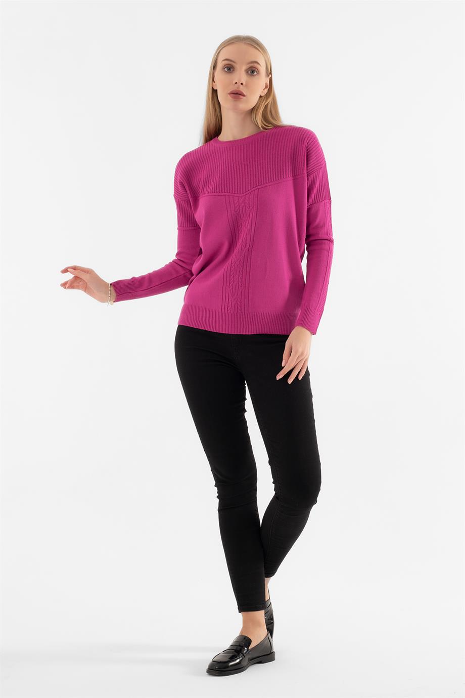 SIFIR YAKA T KOL FUŞYA BASİC BAYAN KAZAK 