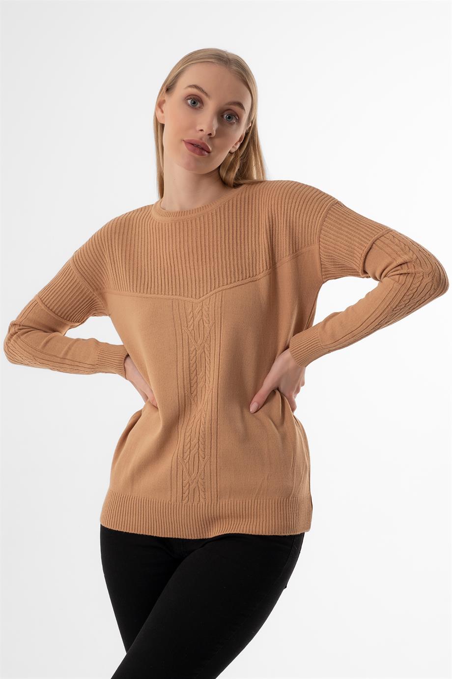 SIFIR YAKA T KOL KARAMEL BASİC BAYAN KAZAK 