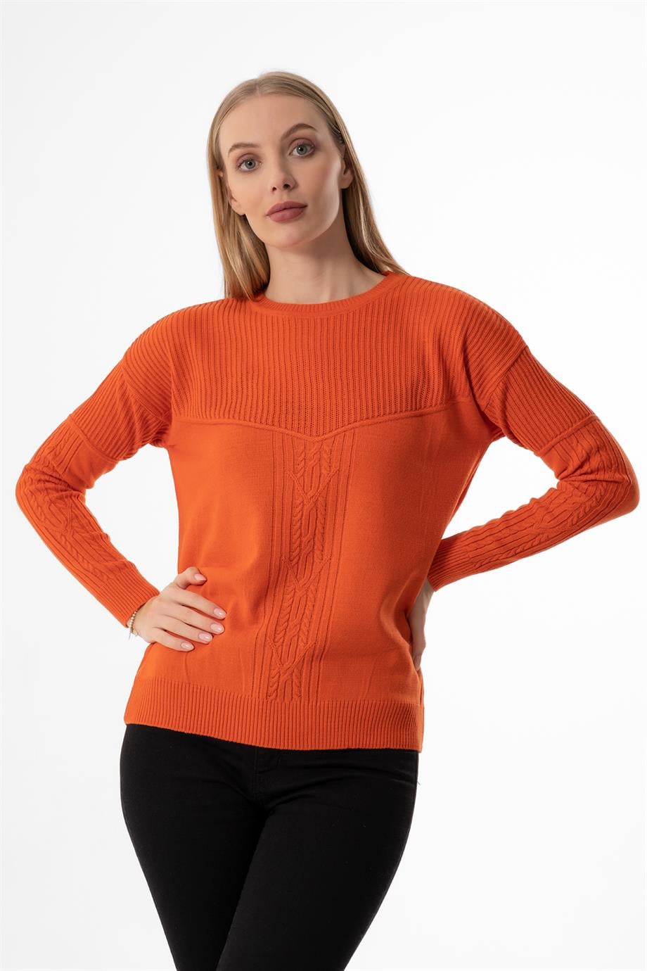 SIFIR YAKA T KOL ORANJ BASİC BAYAN KAZAK 