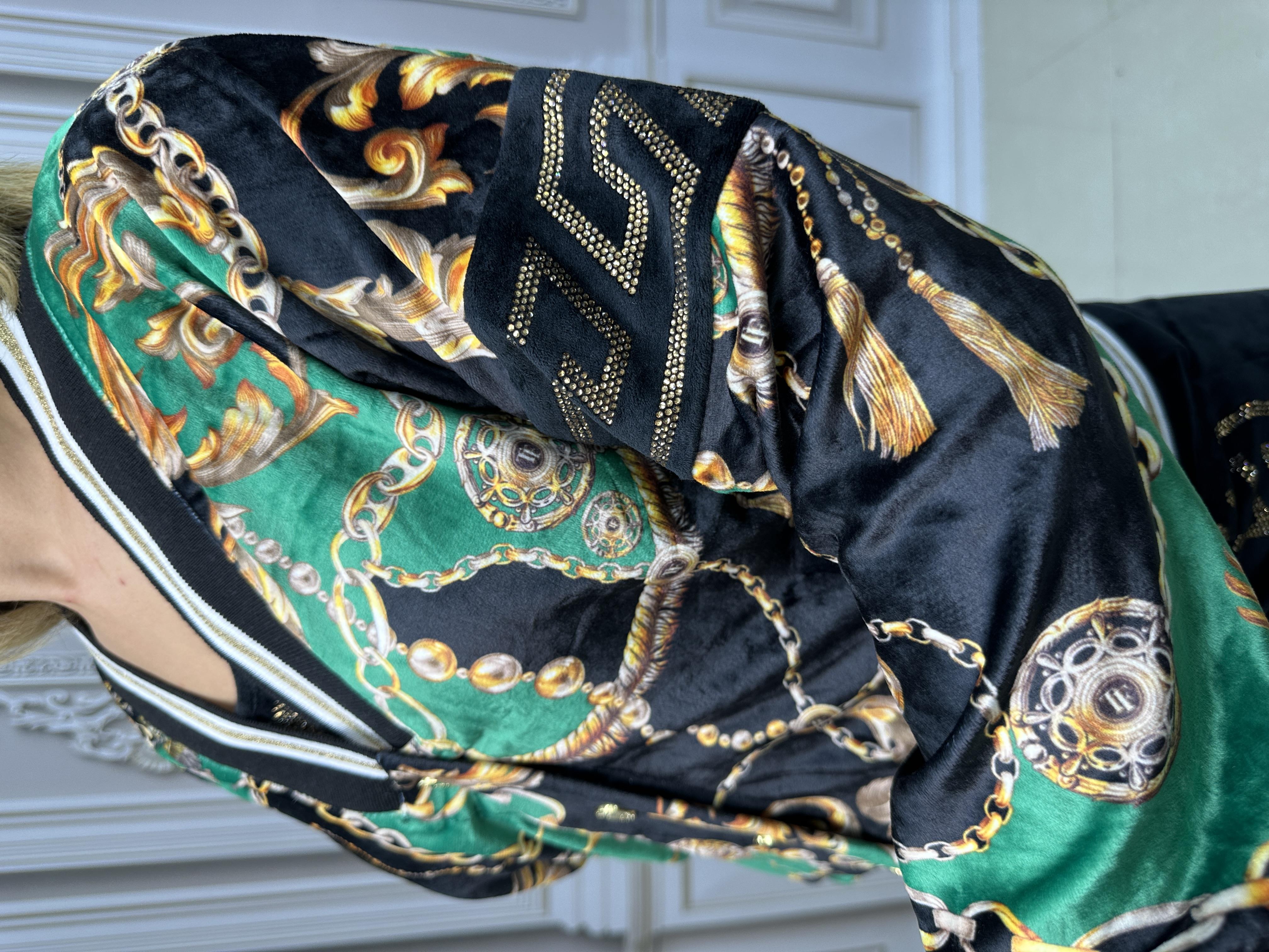 Ceketli Büstiyerli Crystal Taşlı Üçlü Kadife Takım - YEŞİL