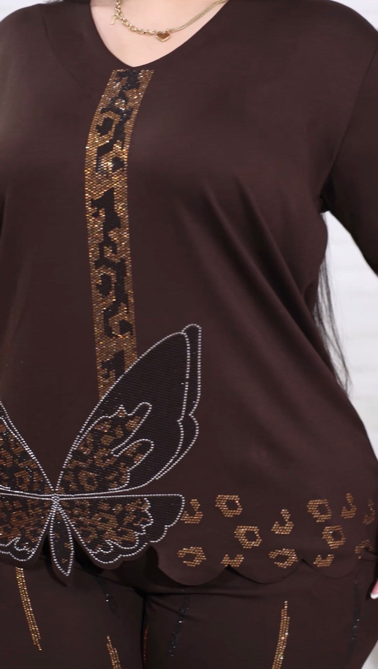 Kelebekli Crystal Taşlı İkili Takım - KAHVE
