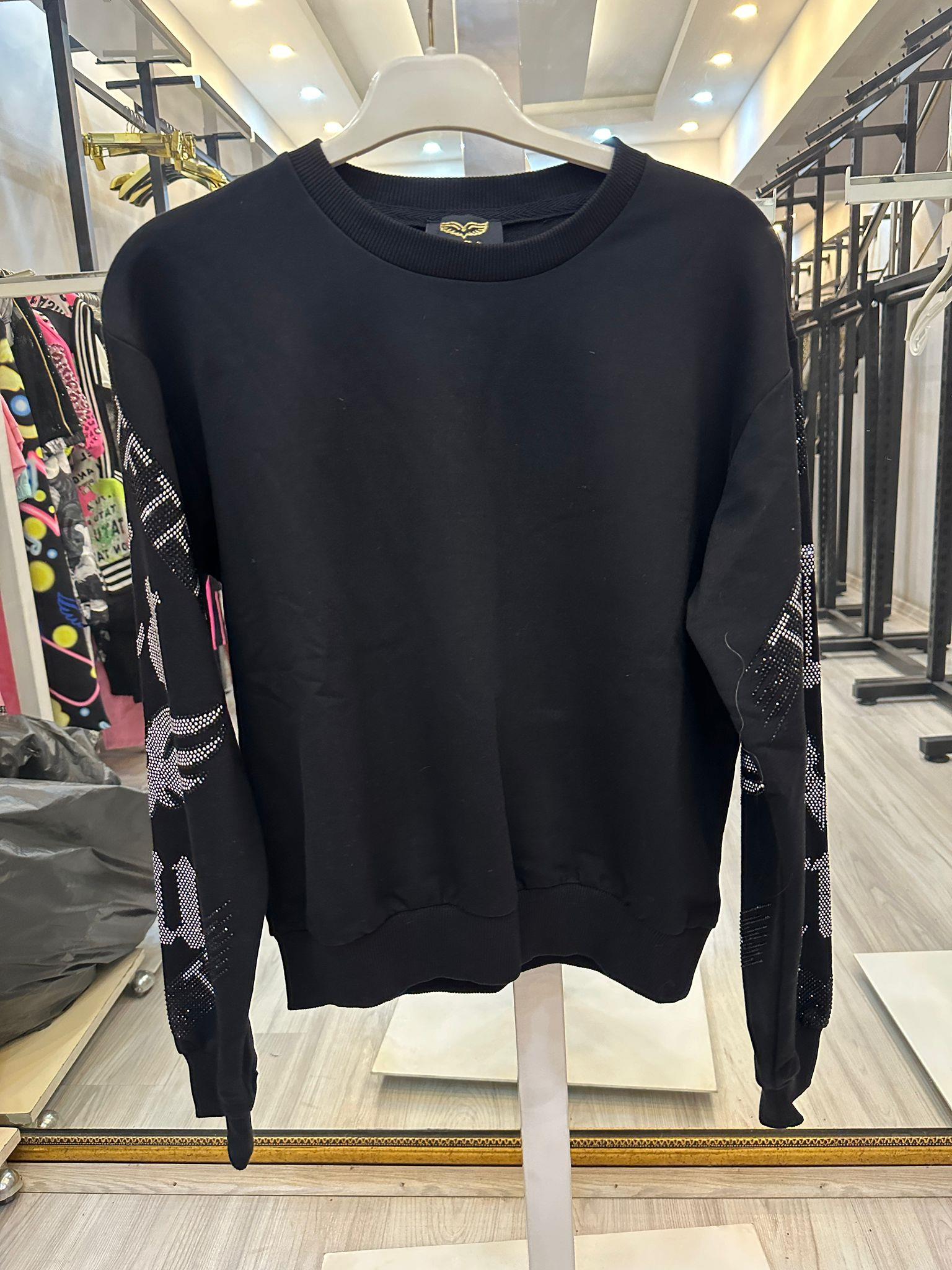 Kolları Crystal Taşlı Sweatshirt - SİYAH