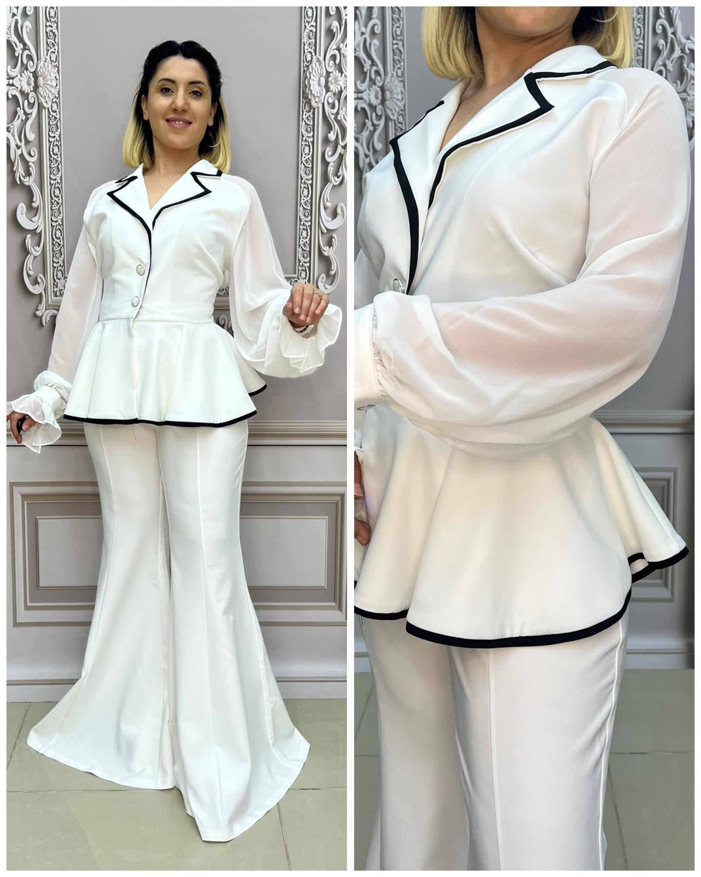 Kolları Şifon Büyük Beden Ceketli Takım - BEYAZ