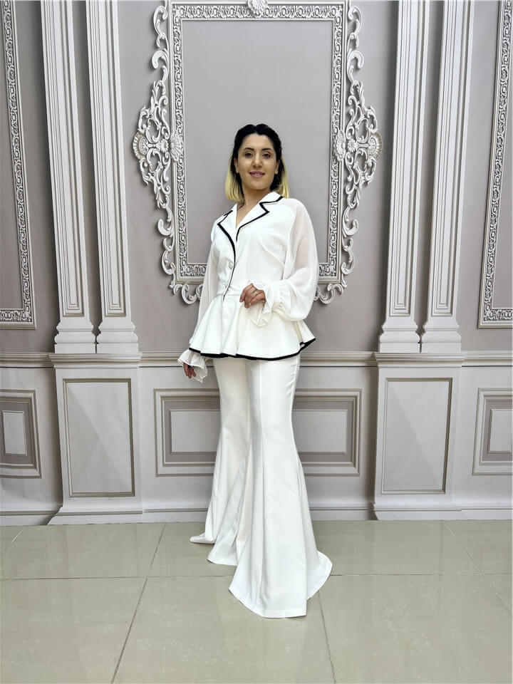 Kolları Şifon Büyük Beden Ceketli Takım - BEYAZ