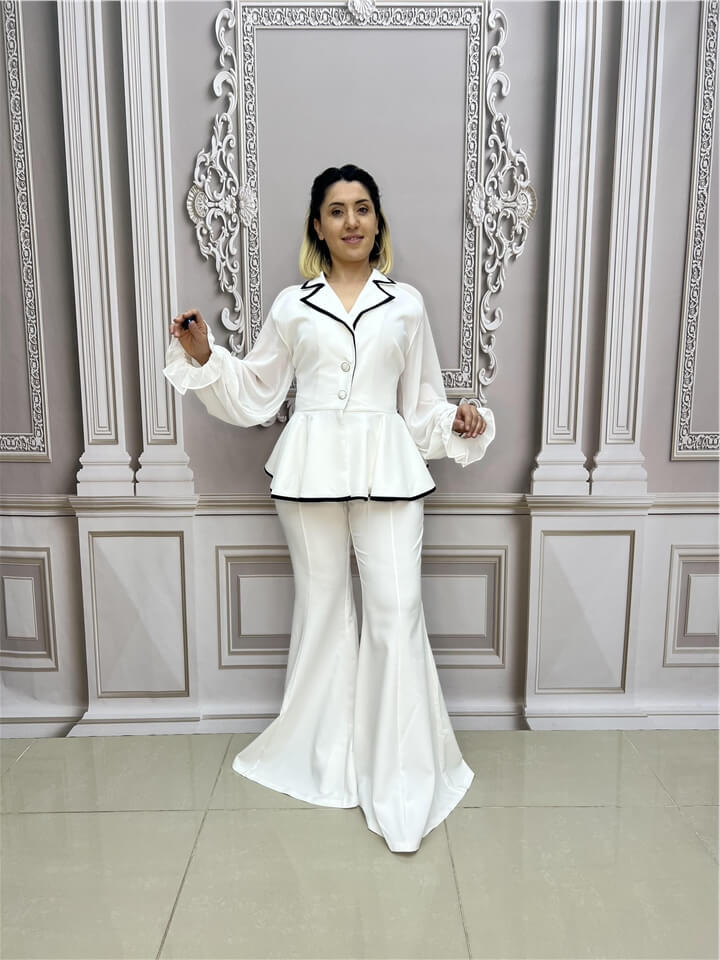 Kolları Şifon Büyük Beden Ceketli Takım - BEYAZ