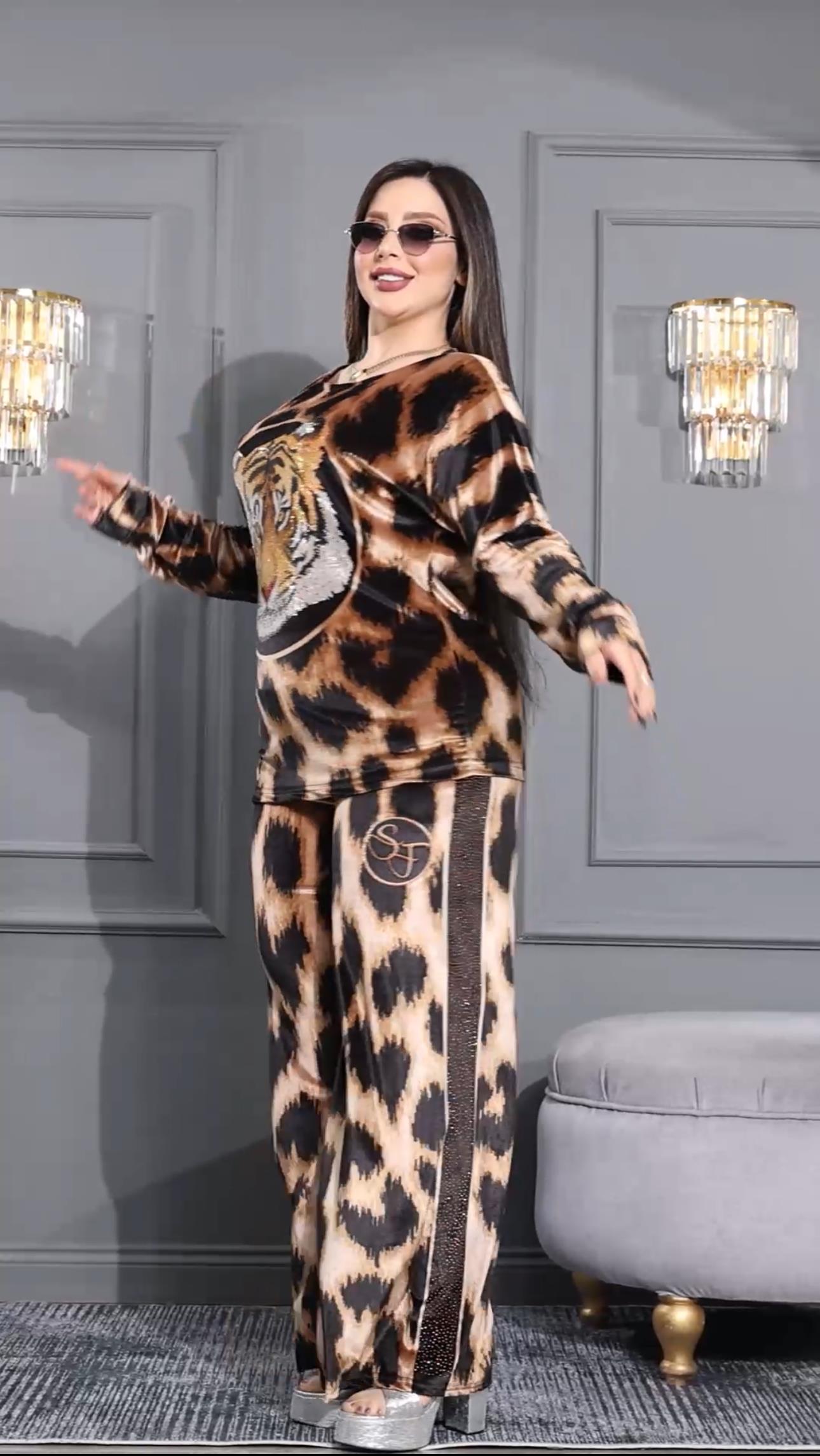Leopar Crystal Taşlı Kadife Eşofman Takımı - KİREMİT