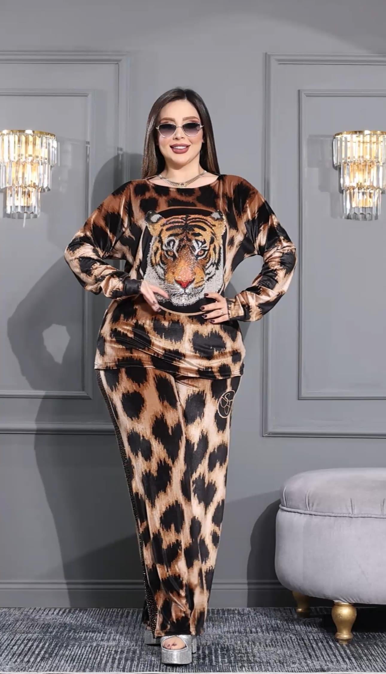 Leopar Crystal Taşlı Kadife Eşofman Takımı - KİREMİT