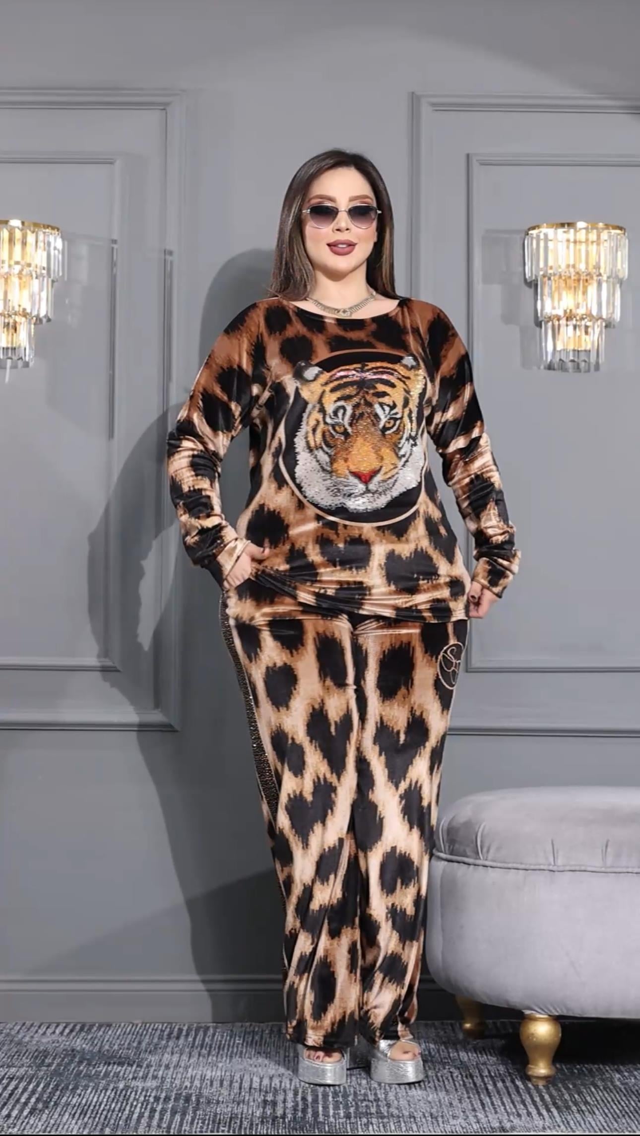 Leopar Crystal Taşlı Kadife Eşofman Takımı - KİREMİT