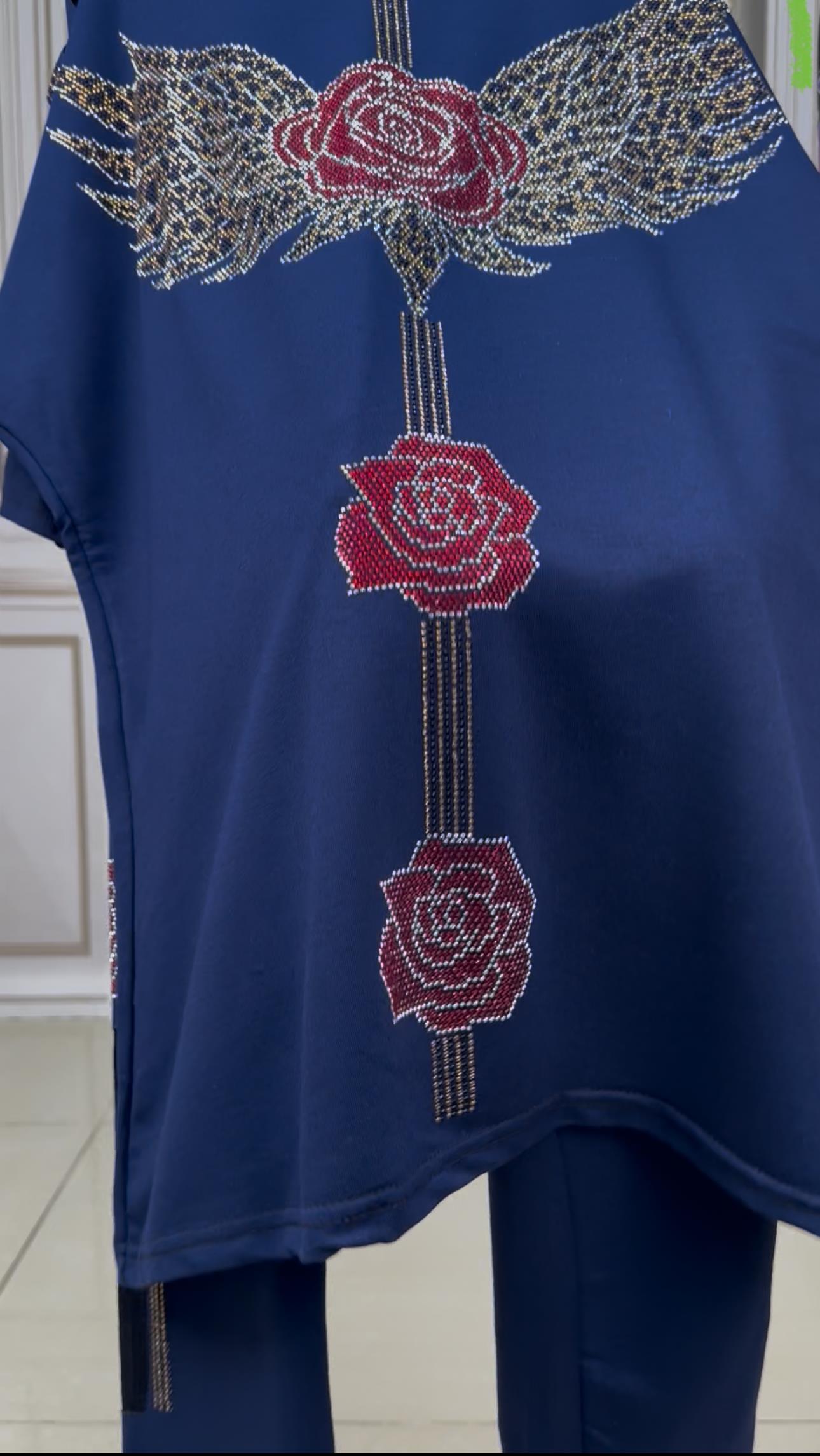 Omuz Açık Güllü Crystal Taşlı Takım - LACİVERT