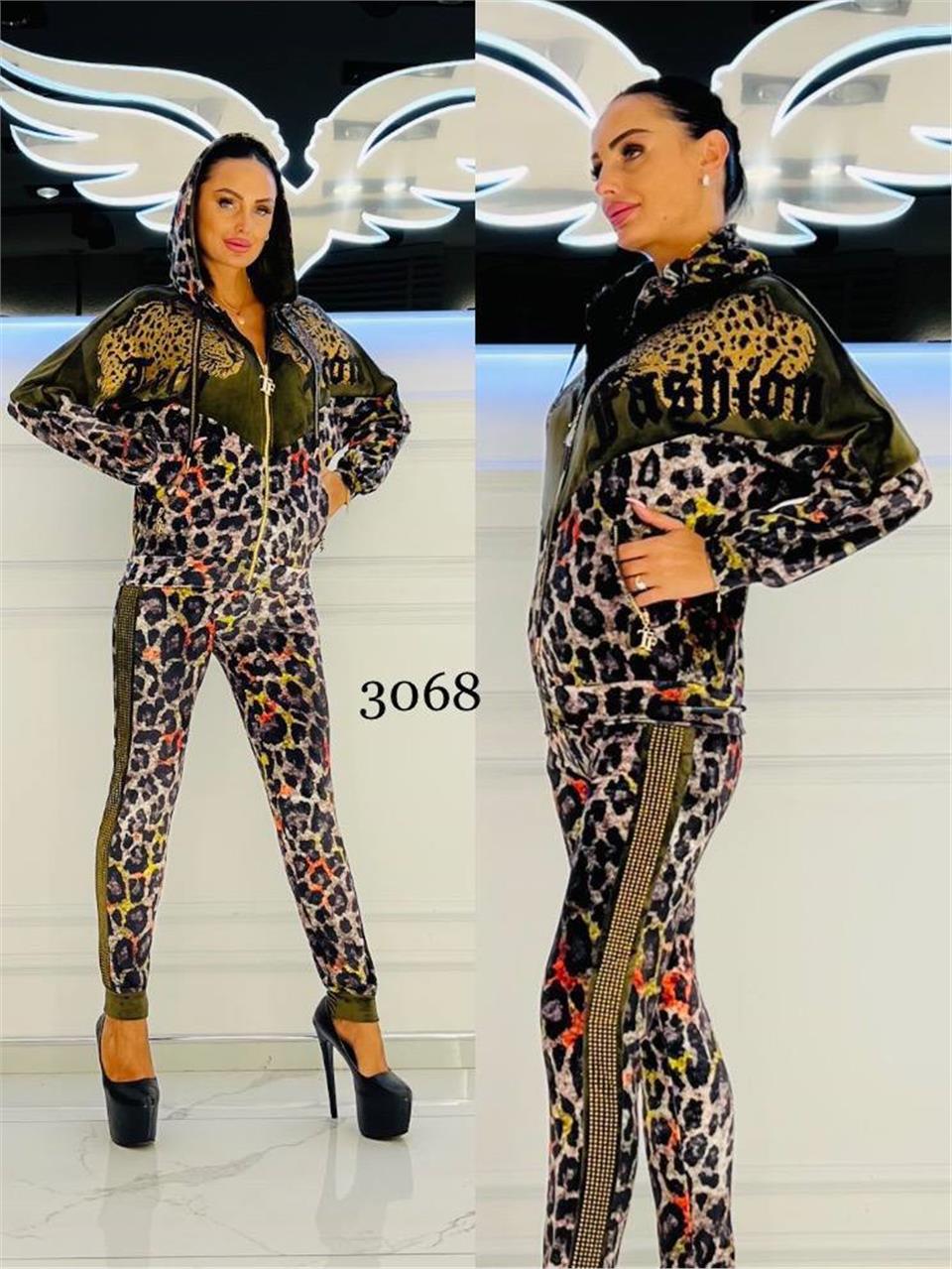 Omuz Çift Leopar Kadife Takım - HAKİ