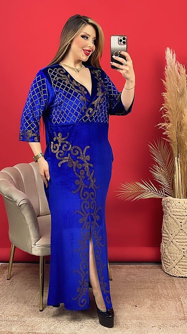 Sarmaşık Kruvaze Yaka Crystal Taşlı Kadife Elbise - MAVİ