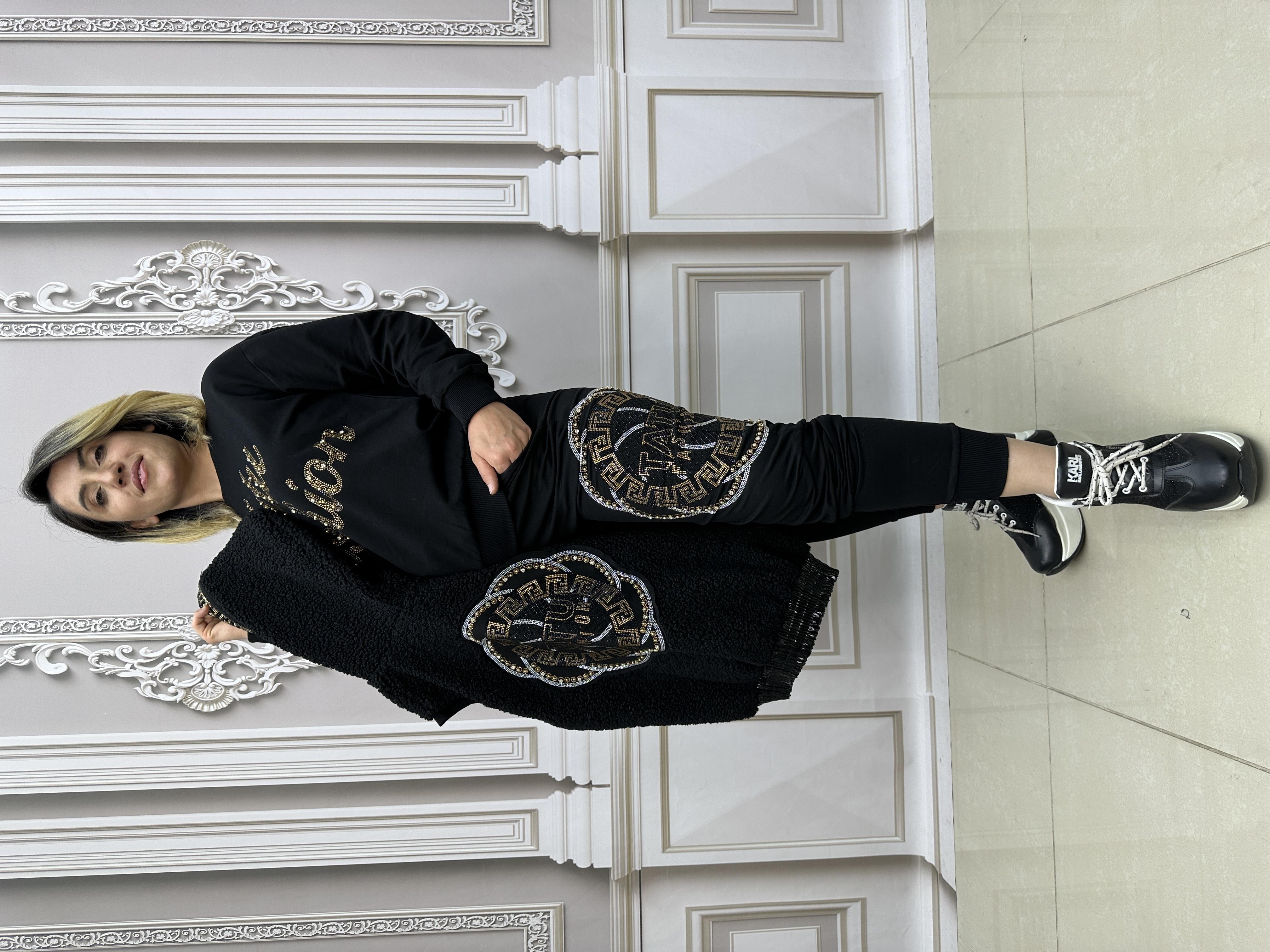 Tatu Yelekli Crystal Taşlı Üçlü Takım - SİYAH GOLD