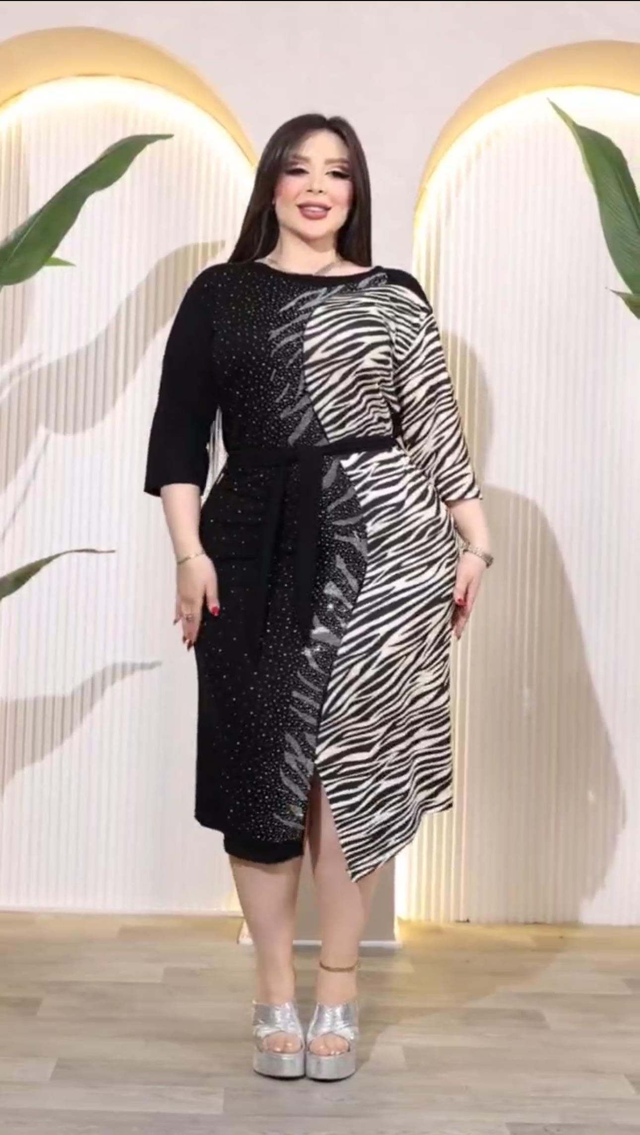 Zebra Desen Crystal Taşlı Elbise - SİYAH