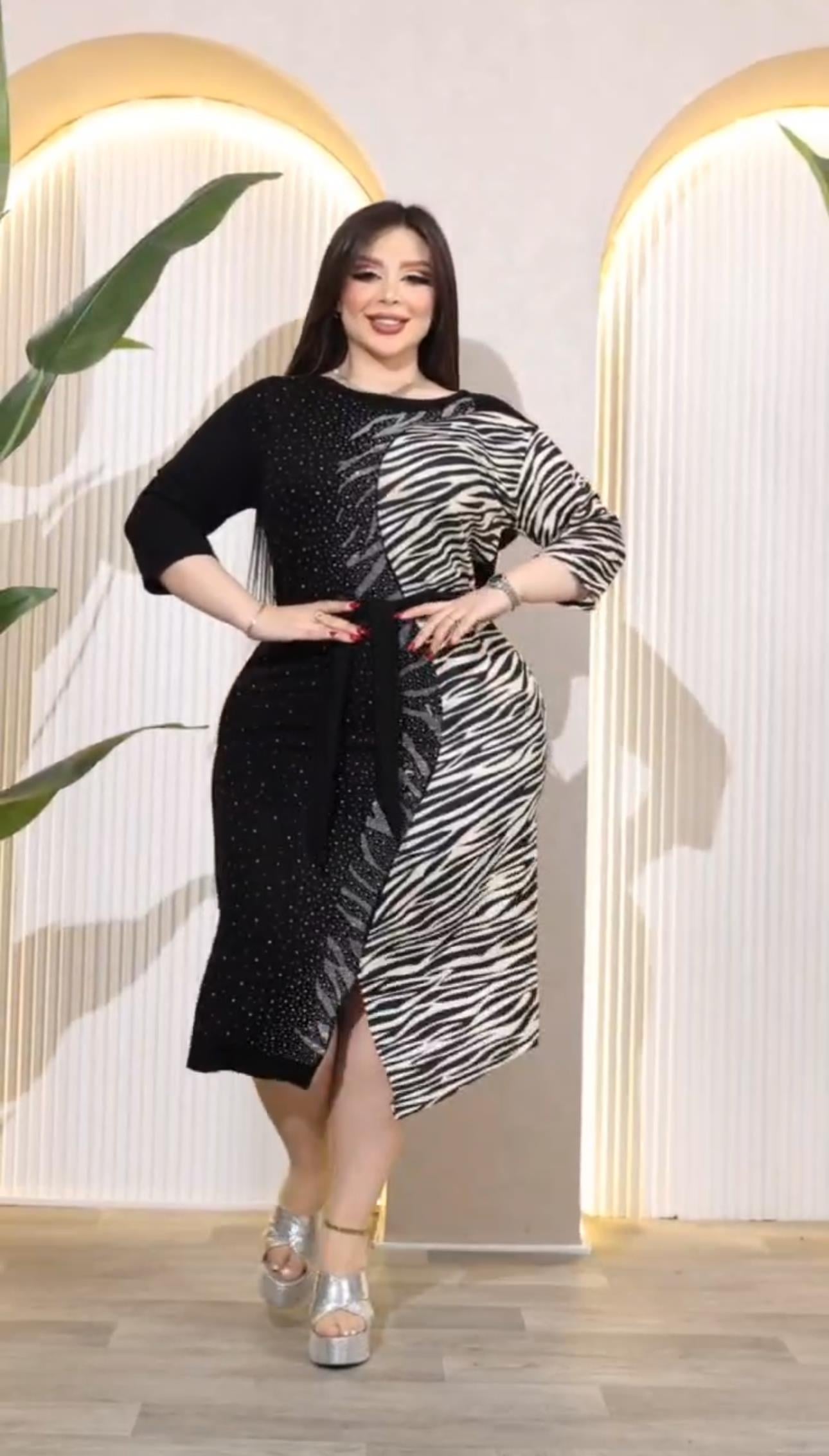 Zebra Desen Crystal Taşlı Elbise - SİYAH