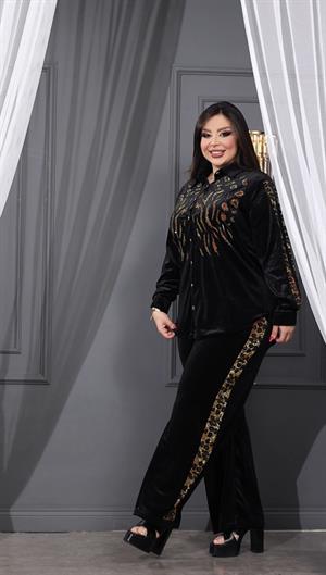 Crystal Taşlı Kadife Gömlekli Takım - SİYAH