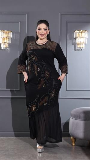 Etek Ucu Tül Crystal Taşlı Elbise - SİYAH