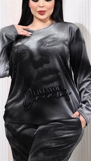 Face Crystal Taşlı Kadife Takım - GRİ