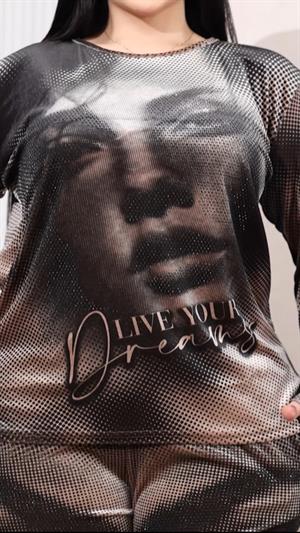 Face Crystal Taşlı Kadife Takım - KAHVE