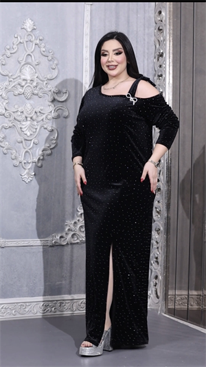 Fiyonklu Crystal Taşlı Kadife Elbise - SİYAH