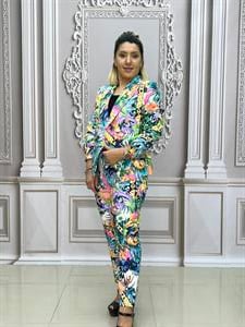 Full Desenli Crystal Taşlı Ceketli Takım - FUŞYA