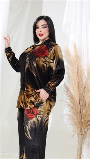 Güllü Kadife Crystal Taşlı Gömlekli Takım - SİYAH